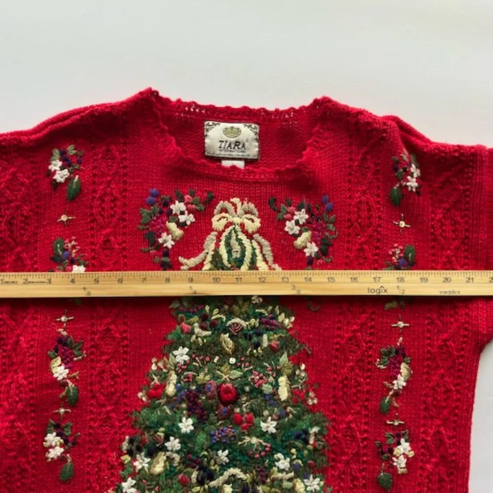 Red Christmas Tree Sweater Tunic, Embroidered, Tiara International Size L - Picture 9 of 13